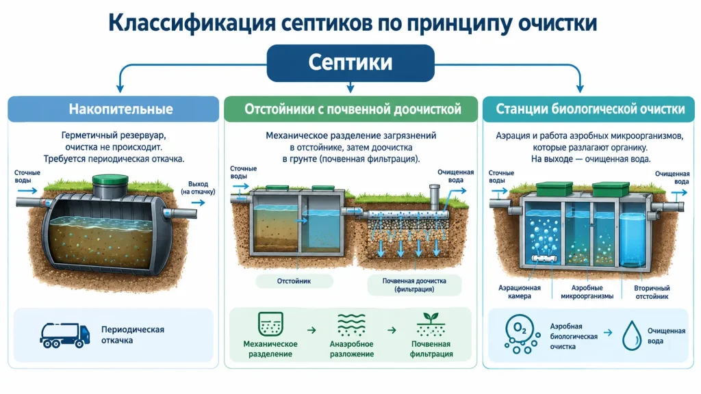 Классификация септиков по принципу очистки — схема