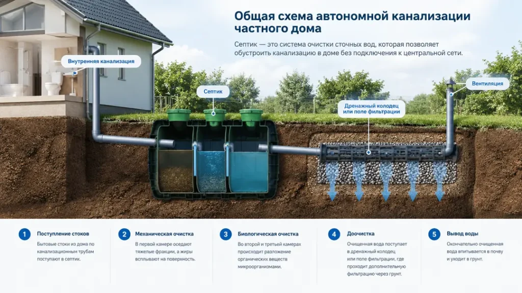 Общая схема автономной канализации частного дома