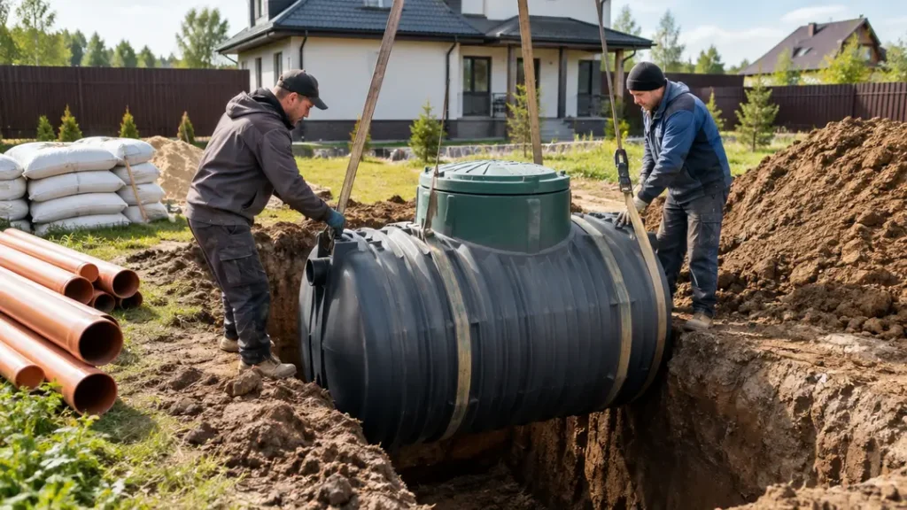 Опускание корпуса септика при монтаже